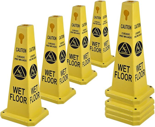 8-Pack 26.5" Caution Cones, 4-Sided Visible Safety Signs with Heavy Rubber Base, Warning for Slip & Fall Prevention, Indoor/Outdoor Use (Yellow, 8Pcs-Caution Wet Floor)