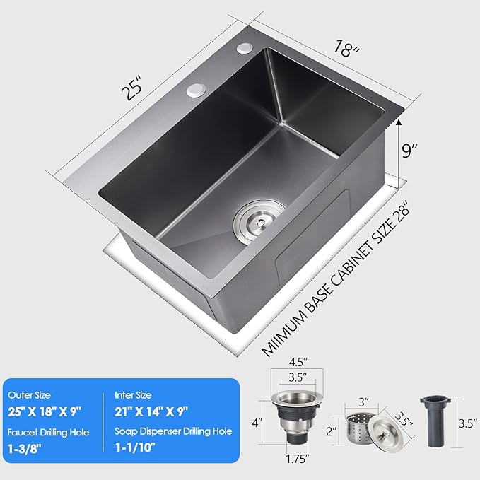 25x18x9 Inch Drop in Kitchen Sink, Handmade 304 Black Stainless Steel Single Bowl, Topmount with 2 Holes, R10 Tight Corner, for Modern Kitchen/RV/Outdoor Sink