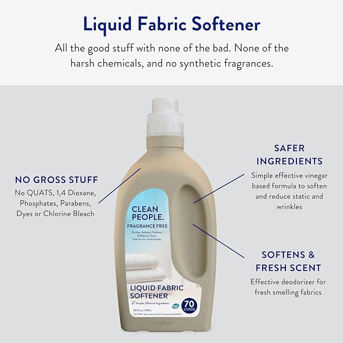The Clean People Liquid Fabric Softener - Softens & Removes Static Cling - Vegan (50 Fl Oz, Fragrance Free)