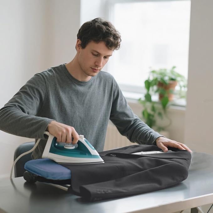 Metal Foldable Iron Board with Iron Holder, RAINHOL Small Ironing Board Tabletop with Heat Resistant Cover, 31x12 Mini Compact Ironing Table for Dorms, Aprtment, Blue