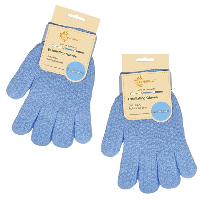 EvridWear Exfoliating Dual Texture Bath Gloves for Shower, Spa, Massage and Body Scrubs, Dead Skin Cell Remover (2 Pairs Moderate)
