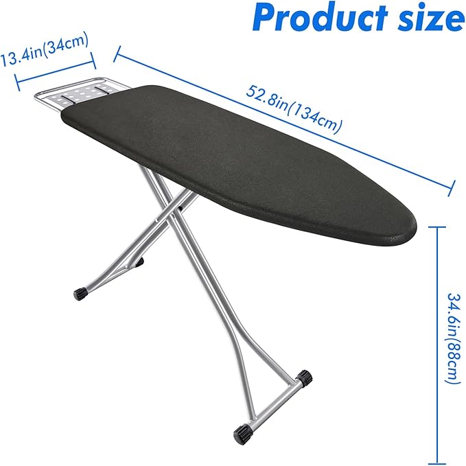 Ironing Board, Heat Resistant Cover Iron Board with Steam Rest, Non-Slip Foldable Ironing Stand. Heavy Sturdy Metal Frame Legs Iron Stand(13 * 34 * 53 Inches) (Silver Black)