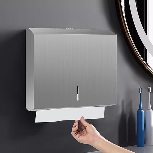 Paper Towel Dispenser Wall Mount, Brushed Stainless Steel Commercial Paper Towel Holder with Lock, Large Capacity 250 C Fold/300 Multifold Towels