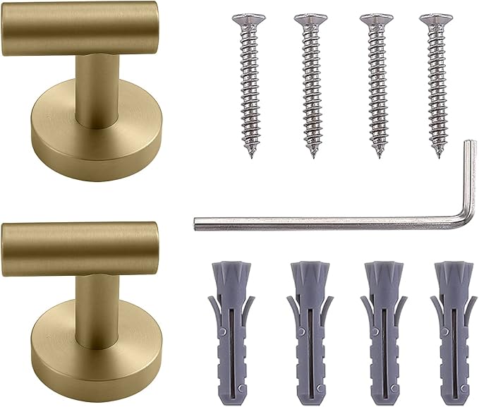 TASTOS Brushed Gold Bathroom Towel Coat Hook Stainless Steel, 2 Pack Robe Clothes Cabinet Closet Sponges Hooks Holder Round Style Heavy Duty Wall Hook for Bathroom Kitchen Hotel Wall Mounted