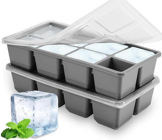Large Ice Cube Trays, JRISBO 2 Pack Reusable Silicone Ice Cube Molds with Lid for Freezer, Easy Release 16 Big Square Ice Trays for Whisky Cocktails