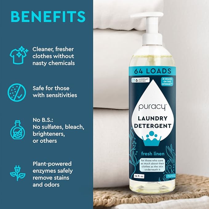 Puracy Laundry Detergent - Enzyme-Powered Liquid Laundry Detergent Concentrate, Natural Laundry Detergent Seen on TikTok, Non-Toxic (Fresh Linen, 16 fl oz, 64 Loads)
