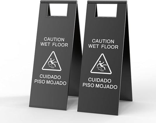 2 Pcs Wet Floor Sign, 24 Inch Black Stainless Steel Caution Wet Floor Sign Double Sided Foldable Bilingual Commercial Safety Warning for Hotel Market Restroom Restaurant Office