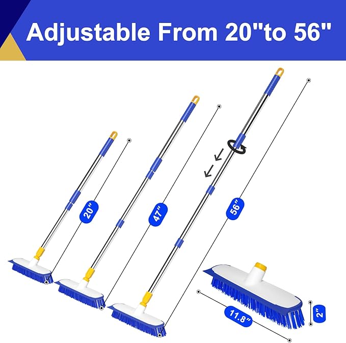 ITTAHO 12" Wide Floor Scrub and Grout Brush Set With Long Extendable Handle - Stiff Bristle Heavy Duty Cleaner for Tile, Deck, Garage, Kitchen, Bathroom