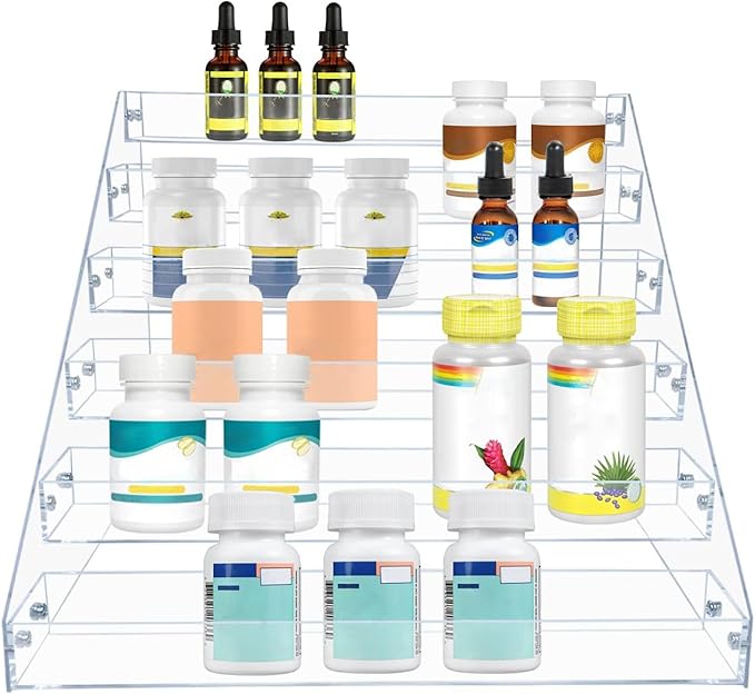 PMMASTO Tiered Spice Rack, Seasoning Organizer, Clear Acrylic Vertical Shelves Can Organizer for Countertop, Cabinet, Pantry, Kitchen Organization and Storage - 6 Tier