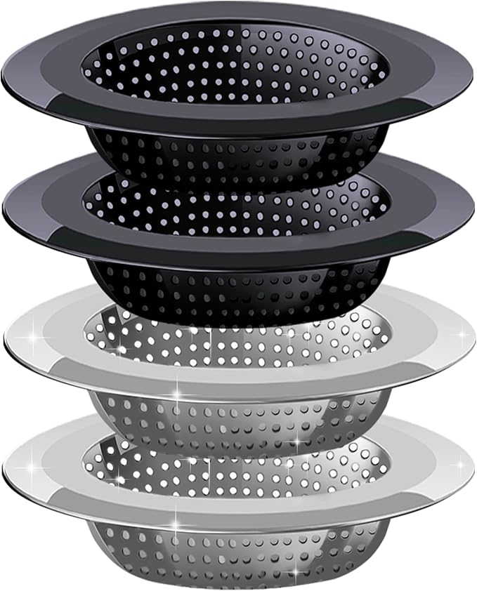 Kitchen Sink Drain Strainer, 4 Pack Stainless Steel and Black Mesh Sink Strainer for Kitchen with Large Wide Rim 4.5" Diameter, Sink Filter Strainer with 3" Basket Sink Food Catcher