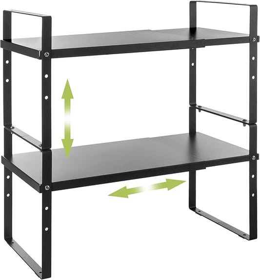 Expandable Cabinet Shelf Organizer Rack, Stackable Kitchen Counter Storage Shelves Stand, Adjustable Height Pantry Shelf Spice Rack (Black, 2 Pack)