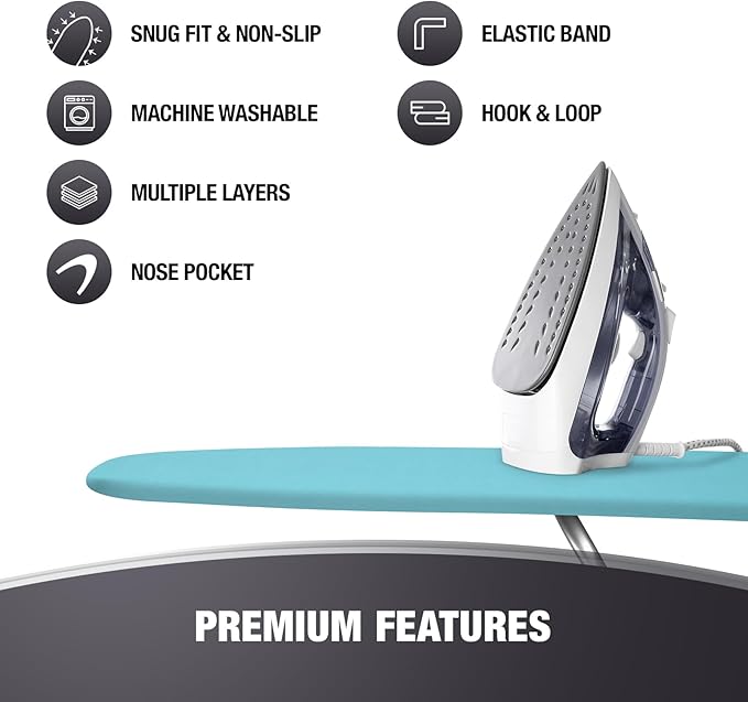 Extra Thick Ironing Board Covers with Pad Standard Size 15x54, Heat Reflective Full Scorch Resistant Padding, Snug Fit Non-Slip Nose Pocket Fastener Straps Elastic Edges, Turquoise