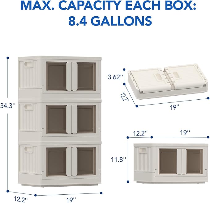 FLEXIMOUNTS 110 QT Stackable Storage Bins With Lids, Collapsible Plastic Storage Bins With Doors and Built-in Wheels For Home Dorm Closet Organizers and Storage, 3 Pack Cubes, Milky White