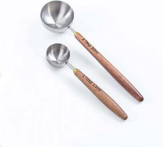 Wooden Scoops for Tea 2PCS Long Handle Coffee Scoop for Sugar (15ml 1 Tbsp + 30ml 2 Tbsp) Wood and Stainless Steel Measuring Scoop for Coffee, Wood Scoops for Seasoning Small Scoop Multipurpose