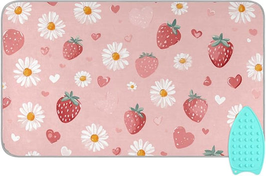 Pink Floral Strawberry Hearts Ironing Mat for Table top Portable Ironing Pad Blanket for Washer Dryer Countertop Travel