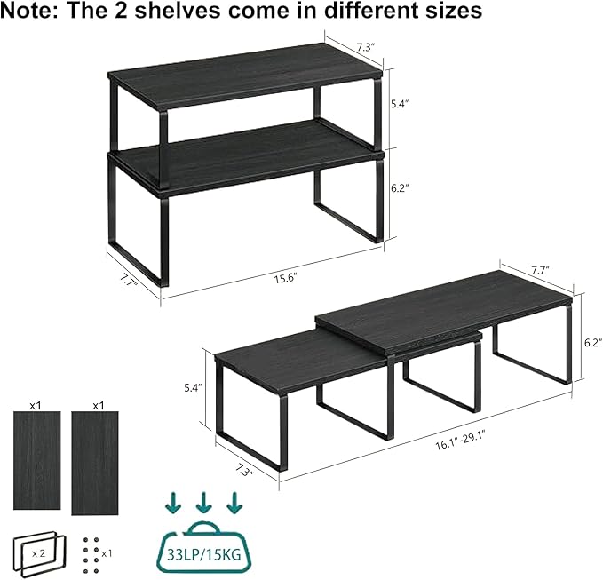 Cabinet Organizer Shelf, Kitchen Counter Storage, 2-Piece Set, Stackable Spice Rack, Metal and Wood (Black and Charcoal Black)