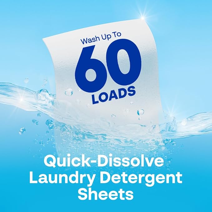 Earth Breeze Laundry Detergent Sheets Fragrance-Free - 60 Loads Eco Liquidless Soap - Travel-Friendly for Hot & Cold Cycles, Tackles Tough Stains & Odors - Gentle on Sensitive Skin, 30 Ct