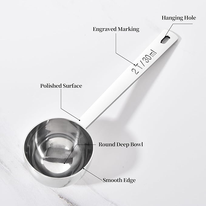 Long Handle Coffee Scoop: 18/8 Stainless Steel 5.98 Inch 2 Tablespoon Metal Measuring Spoon Tbsp Scoop for Coffee Beans, Grounds Coffee, Coffee Powder, Tea, Tall Jars (2Tbsp/30ml)
