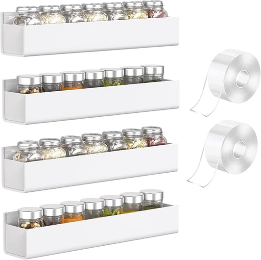 PMMASTO Adhesive Acrylic Spice Rack Organizer for Wall with Nano Double Sided Tape, Spice Shelf Organization for Kitchen Cabinet Door/Pantry Door, Wall Mount Seasoning Rack (White - 4 Pack)