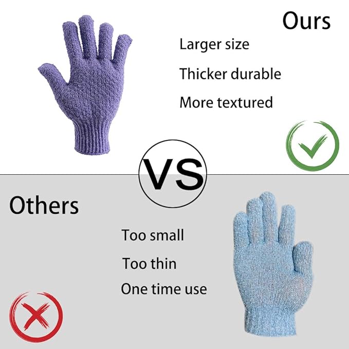 Bath Exfoliating Gloves Scrub - 4 pcs(2 pairs) Lengthened and Large Exfoliating Scrubbing Gloves for Shower, Spa, Massage - Scrub Exfoliating Mitts for Body, Face, Hand （Purple and Beige）