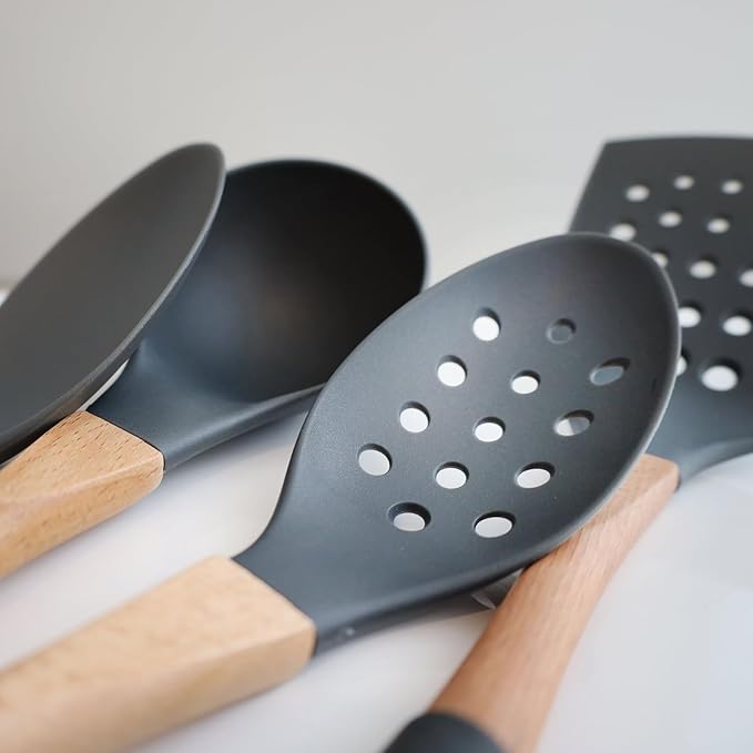 Beille 5pc Dark Grey Nylon Wooden Kitchen Utensils with Cooking Spoons, Soup Ladle, Skimmer Spoon and Spatula, 13 Inch