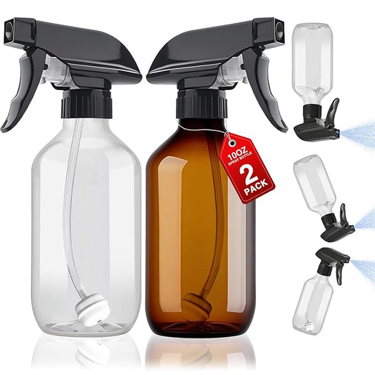 2 Packs Plastic Spray Bottles 360° Water Spray Bottle for Cleaning - 10 oz/300 ml Upside Down Spray Bottle Small Squirt Bottle with Adjustable Nozzle for Hair, Cooking, Plant, Pet (Clear + Brown)
