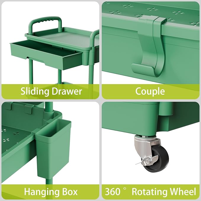 5 Tier Rolling Cart Organizer,Bathroom Cart Organizers with Wheels Laundry Room Organization Mobile Shelving Unit Utility Cart Storage Shelves Multi-Functional for Office, Home(Green)