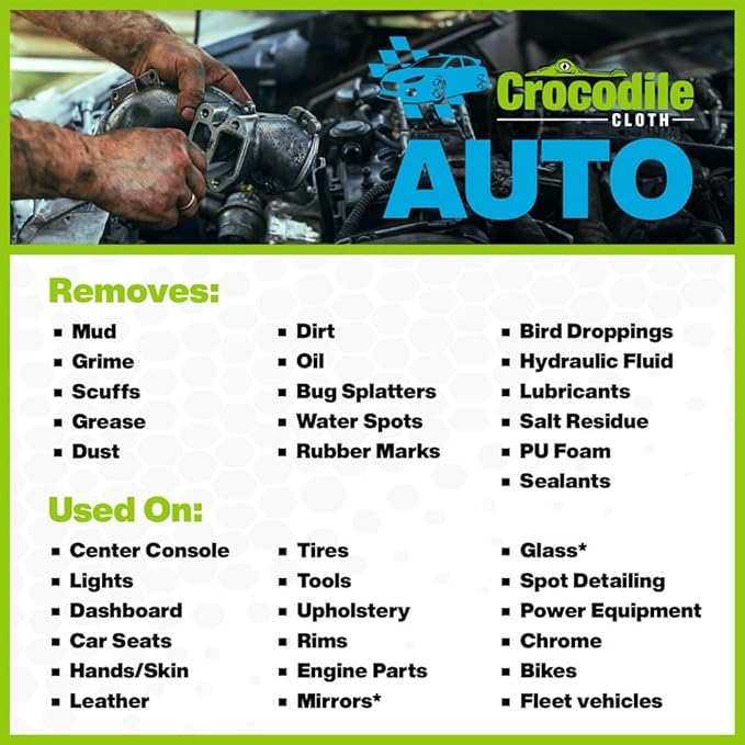 Crocodile Cloth Auto Cleaning Wipes – 100 XL (15" x 10") Disposable Wipes for Car Engine Degreasing, Body Detailing & Tire Cleaning – Cuts Grease, Oil, Adhesives on Hands, Tools, Parts & More