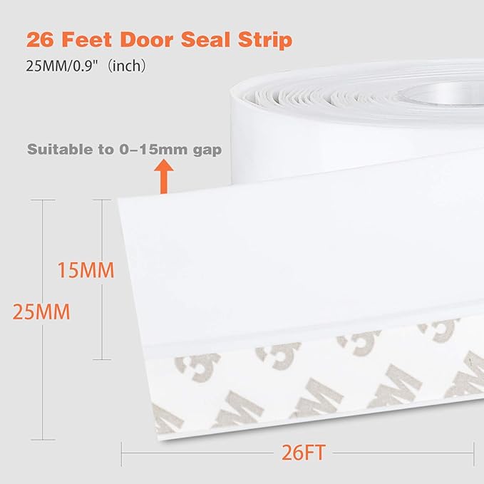26 Feet Silicone Seal Strip, Weather Stripping Seal Tape for Door, Window & Shower Glass Gaps (White, 25MM)