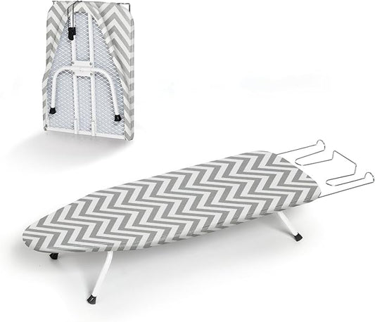 Folding Ironing Board for Small Space, RAINHOL Mini Collapsible Ironing Boards, with Hook, Iron Rest, Heat-Resistant 100% Cotton Cover and Pad, Gray and White Stripes, 31" x 12", Steel Mesh
