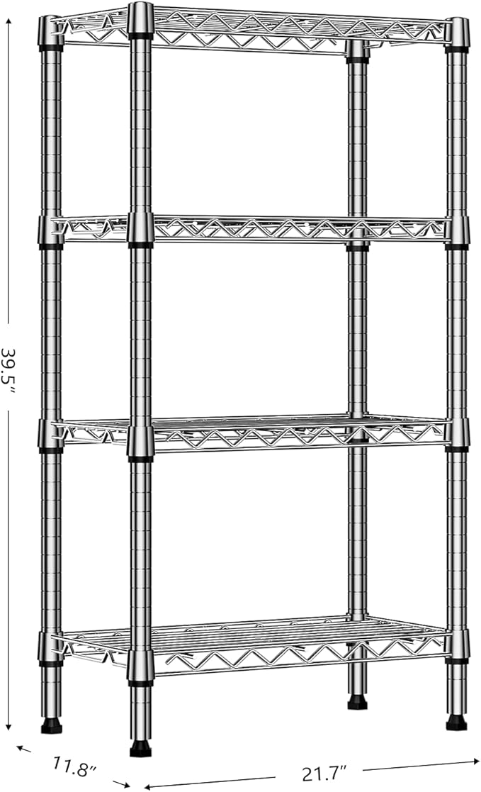 1000 lbs 4 Tier Shelf Metal Storage Shelves Wire Rack Closet Organizers with PP Board for Garage Kitchen Bathroom Laundry Chrome 11.8" D x 21.7" W x 39.5" H