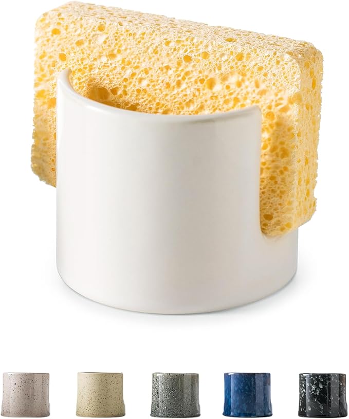Sponge Holder for Kitchen Sink, Ceramic Dish Sponge Drying Caddy Scrubby Daddy Kitchen Organizer Cute Dish Rack for Sink Counter, Beige White