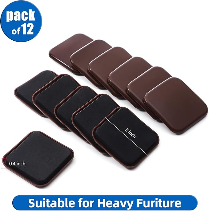 Furniture Sliders, 12pcs 3 inch Square Furniture Moving Kits Carpet Sliders for Moving Furniture, Heavy Duty Furniture Movers - Protect The Carpet Surface, Easily Move Any Items