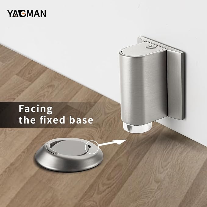 1 Pack Magnetic Door Stoppers Retractable Bottom of Door Holder No Drilling Mount Floor Door Stop with Screws and Adhesive Catch Door Keep Door Open Brushed Nickel BN-1