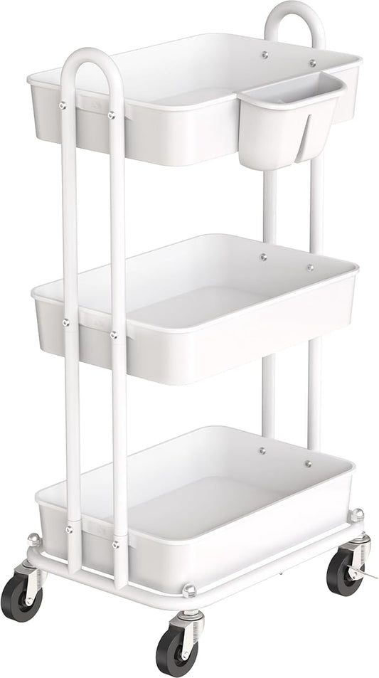Simple Houseware 3-Tier Multifunctional Rolling Utility Cart with Hanging Bucket, White
