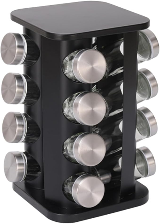 Spice Rack, Rotating Countertop Spice Rack Organizer, 16 Jars, Black, Stainless Steel