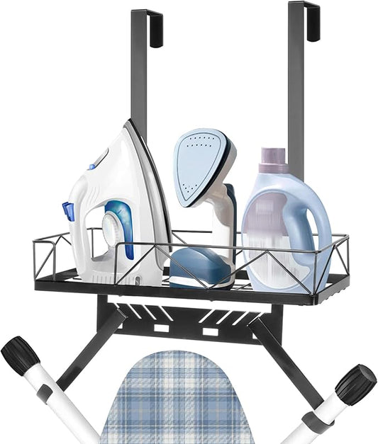 Ironing Board Hanger, Metal Over The Door or Wall Mounted Ironing Board Caddy, Ironing Board Storage Shelf with Adjustable Hooks for Laundry Room, Living Room, Bathroom (Matte Black)