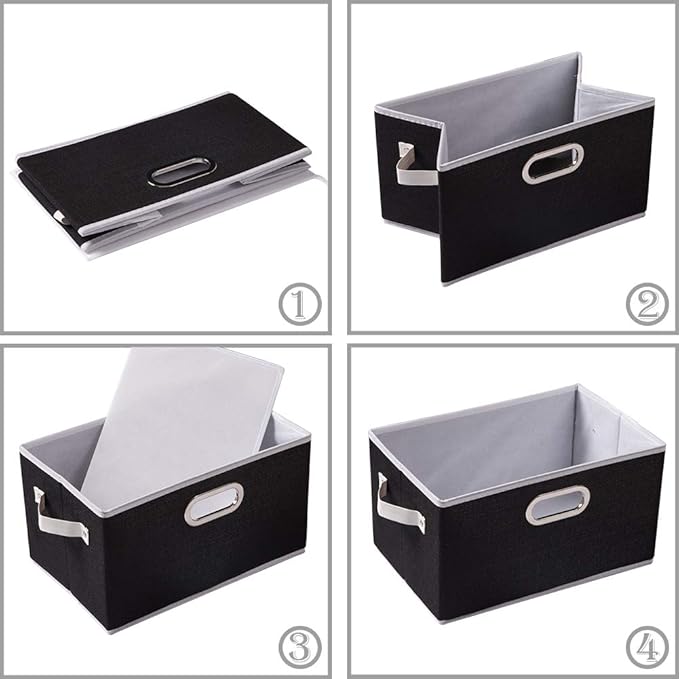 PRANDOM Larger Collapsible Storage Bins for Closet [3-pack] Decorative Linen Fabric Storage Baskets Cubes with Leather/Metal Handles for Living Room Black (17.3x12.2x10.4 Inch)
