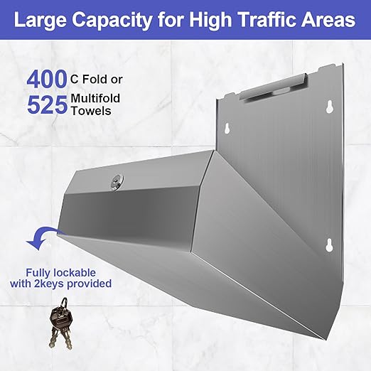 Paper Towel Dispenser Wall Mount, Brushed Stainless Steel Commercial Paper Towel Holder with Lock, Large Capacity 400 C Fold/525 Multifold Towels