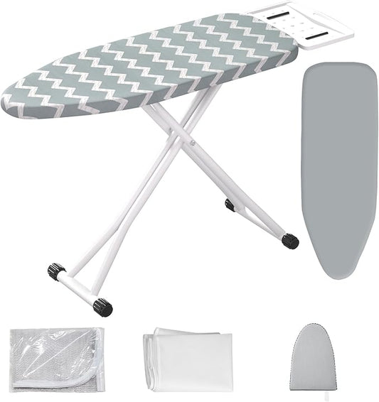 Ironing Board,Foldable Ironing Board Adjustable Height Compact Iron Board Thick Steel Tube Iron Board with Holder,Replacing Cloth Cover and Mini Handheld Gloves(Blue Waves)