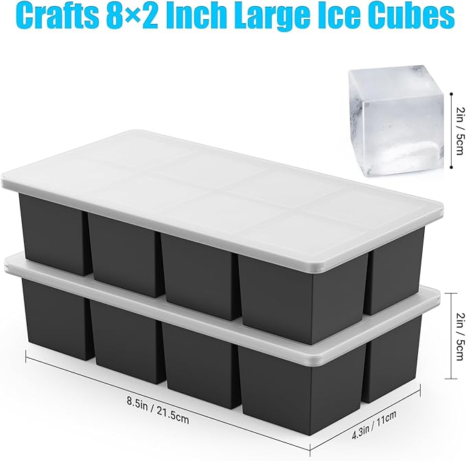 Large Ice Cube Trays for Whiskey: FDDAI Big Silicone Ice Cube Trays - 2Inch Square Ice Cubed Tray for Bourbon Whisky and Cocktail - 2Pack Giant Silicon Ice Cube Tray