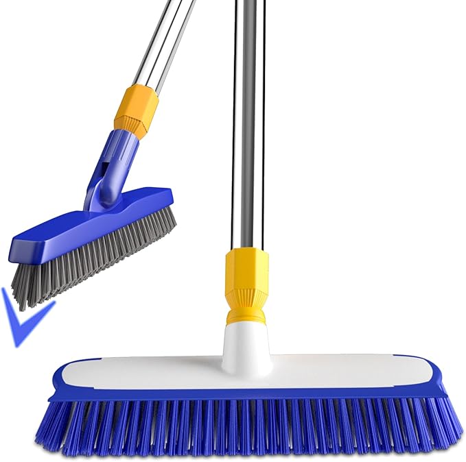 ITTAHO 12" Wide Floor Scrub and Grout Brush Set With Long Extendable Handle - Stiff Bristle Heavy Duty Cleaner for Tile, Deck, Garage, Kitchen, Bathroom