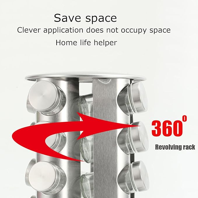 Spice Rack, Spice Rack Organizers for Countertop, Rotating Countertop Spice Rack, Revolving Spice Rack for Kitchen, Kitchen Gadgets, Organizer Rack with Spice Jars (Silver, RoundHead_16Jars)