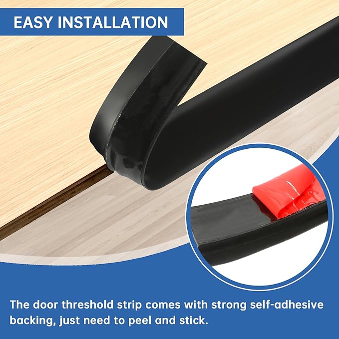 Vinyl Door Threshold Flooring Transition Strip Self Adhesive Carpet Edging Strip for Laminate Doorway Edge Threshold from 3/5" to 4/5" (Black, 6.6 Ft)