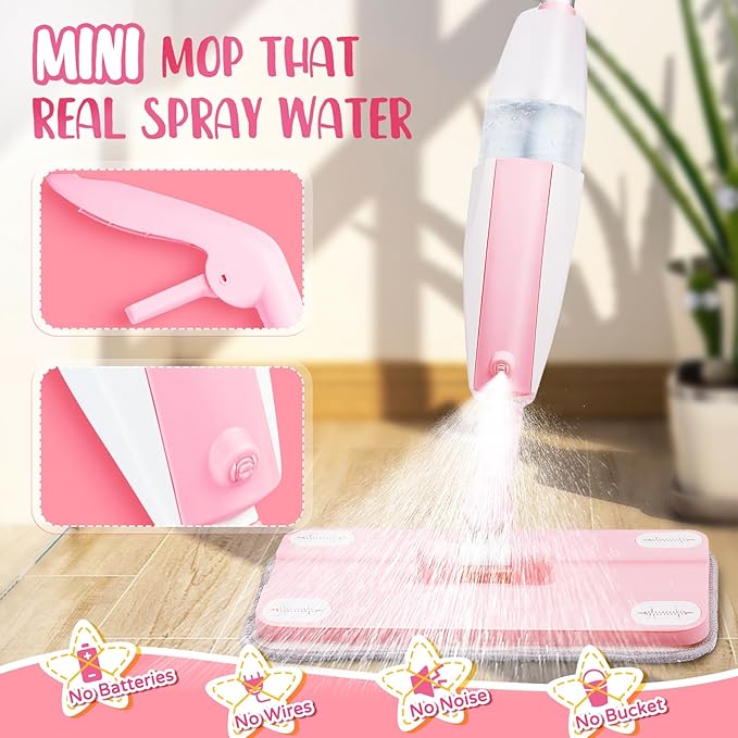 Pink Mini Spray Mop for Toddler-Girls Montessori Cleaning Toy That Real Spray Water,Pretend Playhouse Essentials for Girls Ages 3-8,Toddler Educational Housekeeping Set