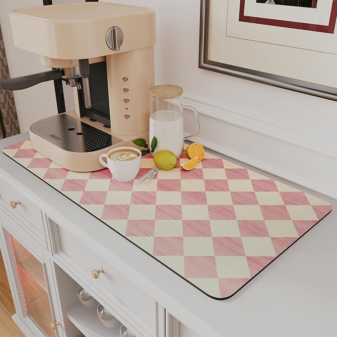 AMOAMI Coffee Mat Hide Stain Rubber Backed Absorbent Dish Drying Mat for Kitchen Counter - Fits Under Coffee Maker or Machine - PINK 17x31.5