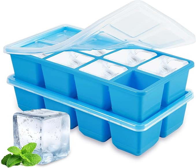 Large Ice Cube Trays, JRISBO 2 Pack Reusable Silicone Ice Cube Molds with Lid for Freezer, Easy Release 16 Big Square Ice Trays for Whisky Cocktails