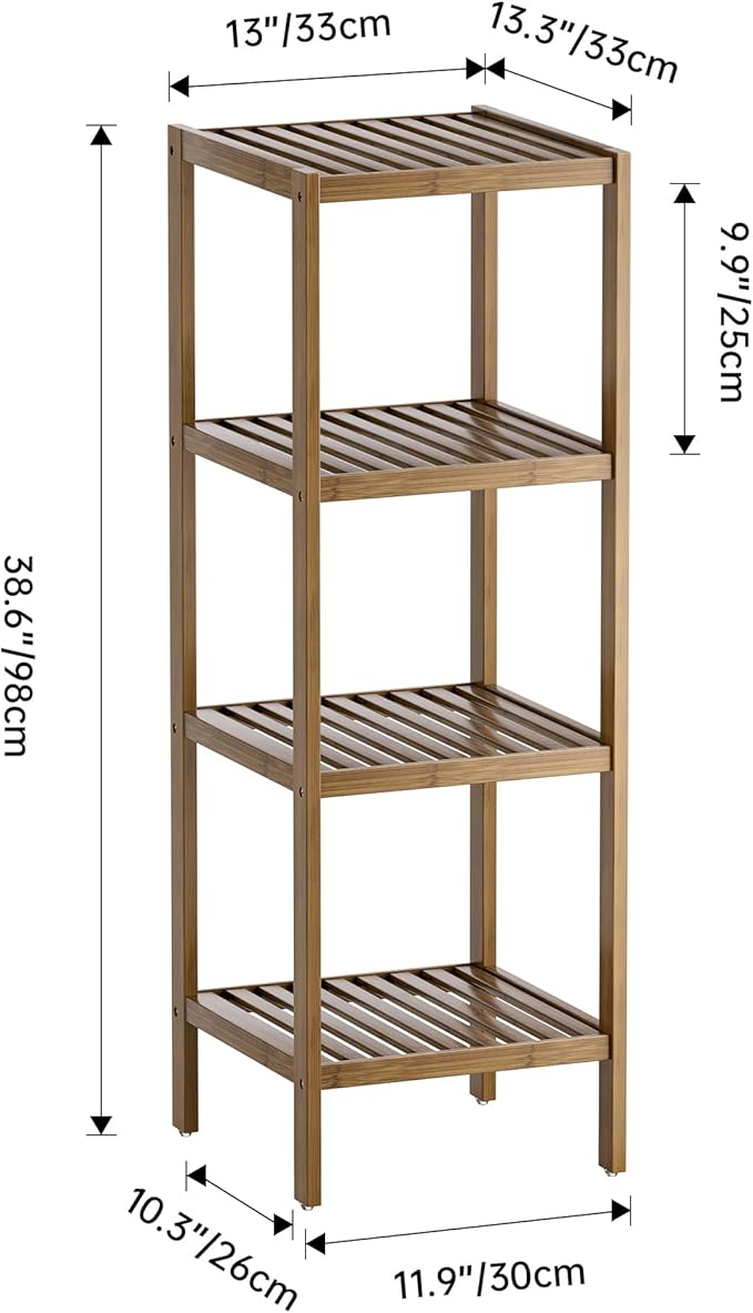 SMIBUY Bathroom Storage Shelf, 4-Tier Bamboo Rack Organizer, Multifunctional Shelving Unit for Living Room Bedroom Kitchen (Walnut)
