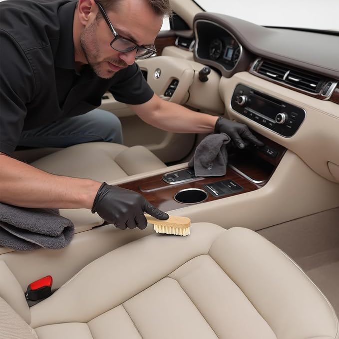 TAKAVU Leather & Upholstery Cleaning Brush Set, Pure White Boar Hair Bristle, to Clean Car Seats, Leather Sofas, for Alcantara, Interiors, Furniture, Boots, Shoes, Bags and More