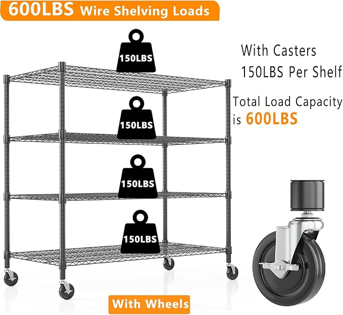 Himimi 4 Tier Wire Shelving with Wheels Heavy Duty Height Adjustable Metal Shelves for Storage, Commercial Grade Steel Utility Wire Rack for Kitchen Garage Pantry Organization-24×48×72, Black